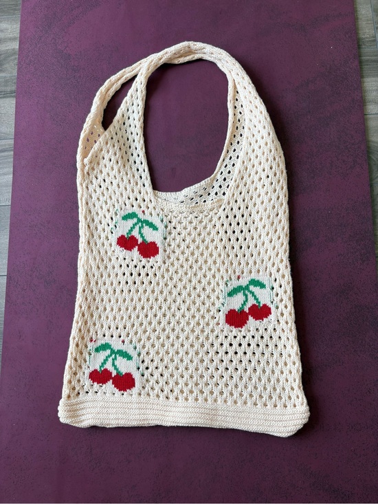 Simons Handbags - Simons Cream Crochet Tote with Red Cherry Motifs